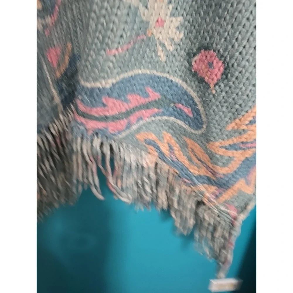 Anthropologie Floral Blue Pink  Duster Cardigan One Size fits all Fringe